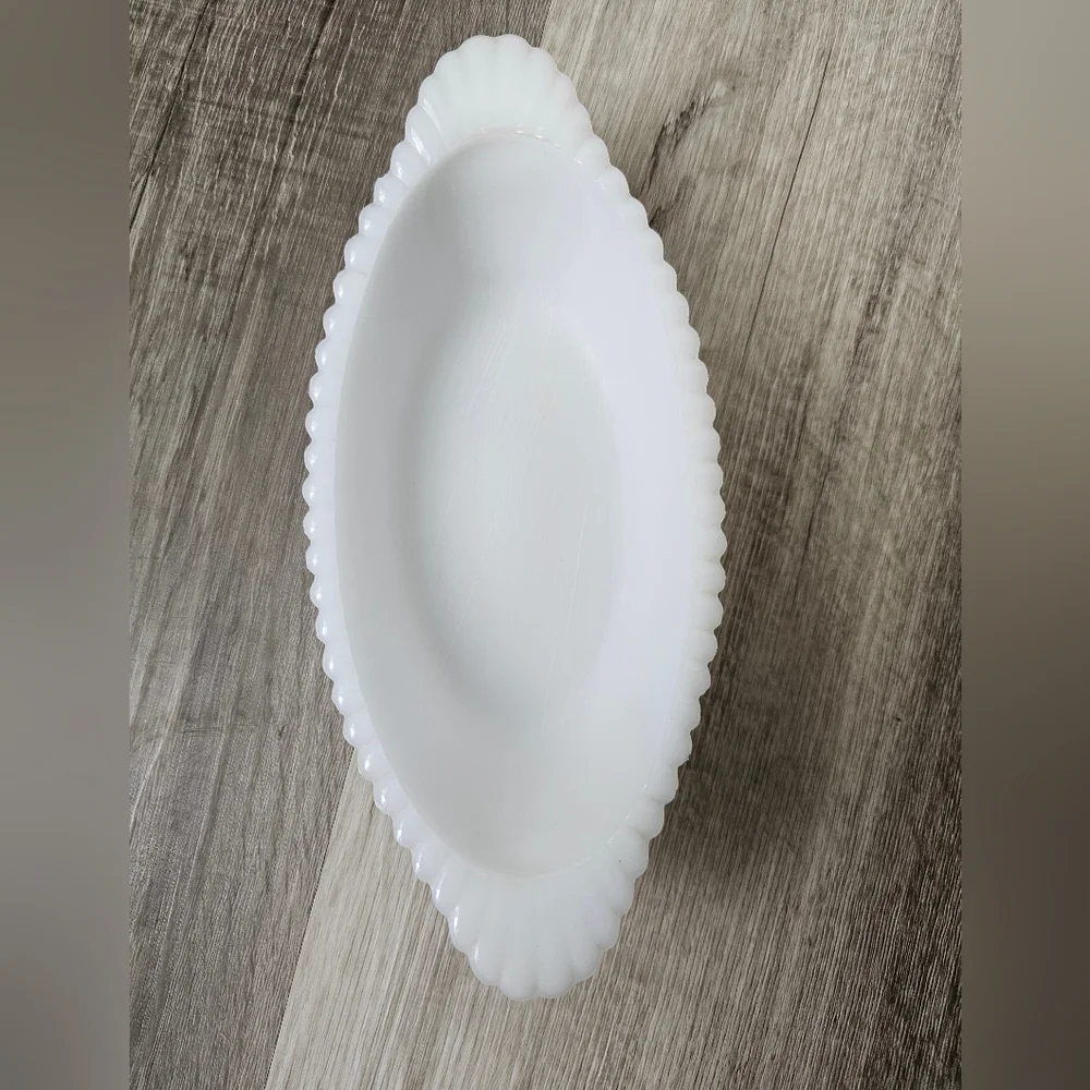 Vintage Fenton Milk Glass Trinket Dish, Scalloped Edges & Top, Hobnail Bottom